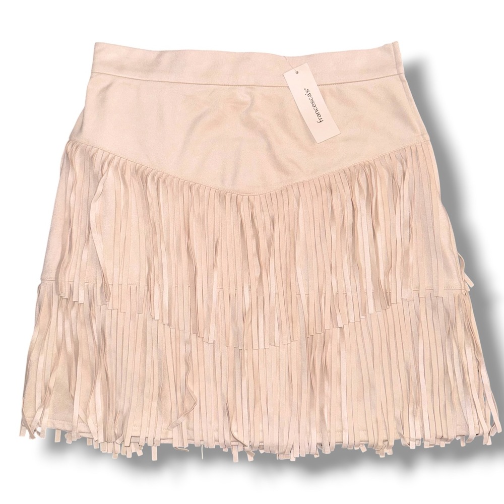 Francesca's Fringe Mini Skirt Women Size M Cream Faux Suede Western Boho NWT - Picture 2 of 10
